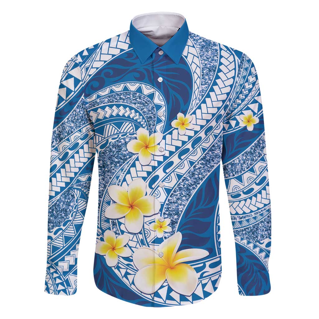 Plumeria Polynesian Blue Glitter Pattern Family Matching Mermaid Dress and Hawaiian Shirt LT01 Dad's Shirt - Long Sleeve Blue - Polynesian Pride