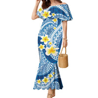 Plumeria Polynesian Blue Glitter Pattern Family Matching Mermaid Dress and Hawaiian Shirt LT01 Mom's Dress Blue - Polynesian Pride