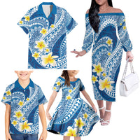 Plumeria Polynesian Blue Glitter Pattern Family Matching Off The Shoulder Long Sleeve Dress and Hawaiian Shirt