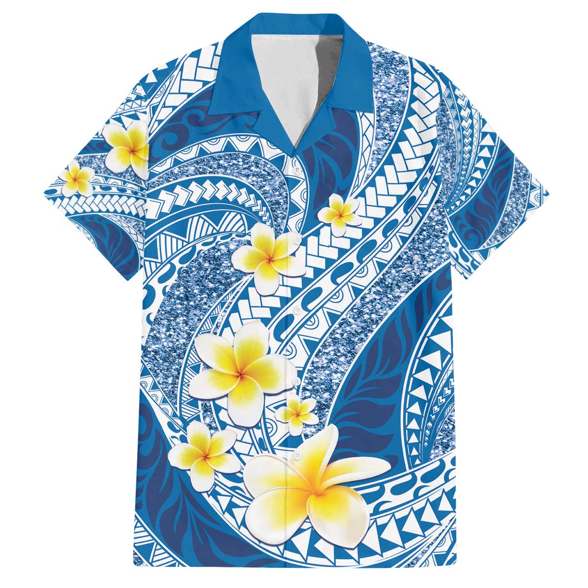 Plumeria Polynesian Blue Glitter Pattern Family Matching Off The Shoulder Long Sleeve Dress and Hawaiian Shirt