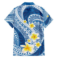 Plumeria Polynesian Blue Glitter Pattern Family Matching Off The Shoulder Long Sleeve Dress and Hawaiian Shirt