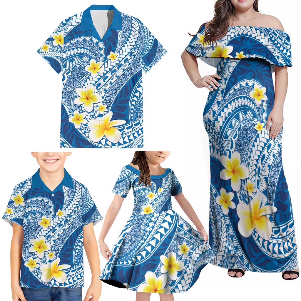 Plumeria Polynesian Blue Glitter Pattern Family Matching Off Shoulder Maxi Dress and Hawaiian Shirt LT01 - Polynesian Pride
