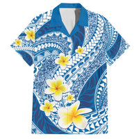 Plumeria Polynesian Blue Glitter Pattern Family Matching Off Shoulder Maxi Dress and Hawaiian Shirt