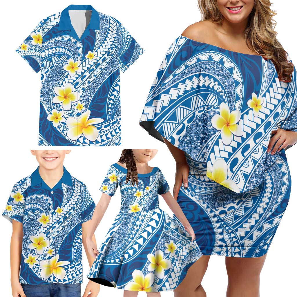 Plumeria Polynesian Blue Glitter Pattern Family Matching Off Shoulder Short Dress and Hawaiian Shirt LT01 - Polynesian Pride
