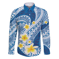 Plumeria Polynesian Blue Glitter Pattern Family Matching Off Shoulder Short Dress and Hawaiian Shirt LT01 Dad's Shirt - Long Sleeve Blue - Polynesian Pride