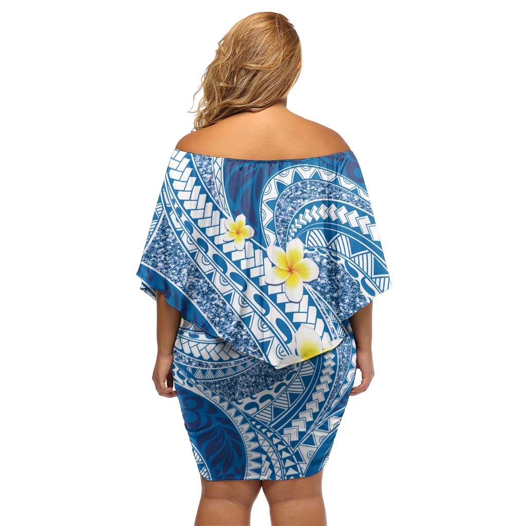 Plumeria Polynesian Blue Glitter Pattern Family Matching Off Shoulder Short Dress and Hawaiian Shirt LT01 - Polynesian Pride