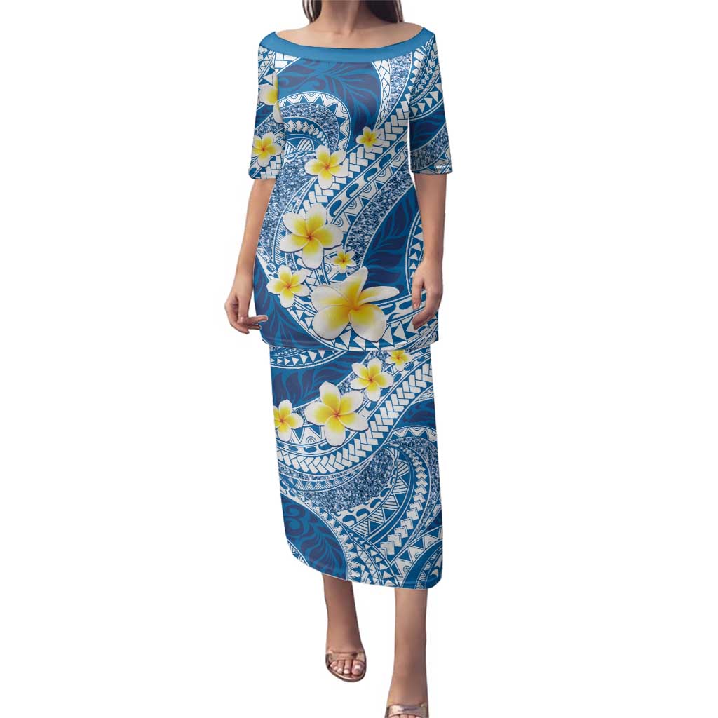 Plumeria Polynesian Blue Glitter Pattern Family Matching Puletasi and Hawaiian Shirt