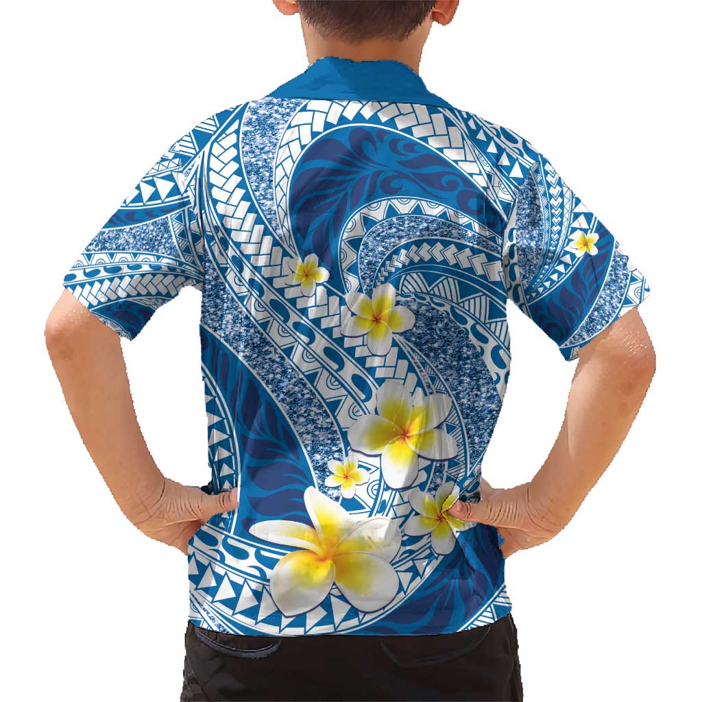 Plumeria Polynesian Blue Glitter Pattern Family Matching Short Sleeve Bodycon Dress and Hawaiian Shirt LT01 - Polynesian Pride