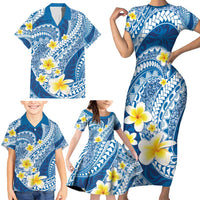 Plumeria Polynesian Blue Glitter Pattern Family Matching Short Sleeve Bodycon Dress and Hawaiian Shirt LT01 - Polynesian Pride
