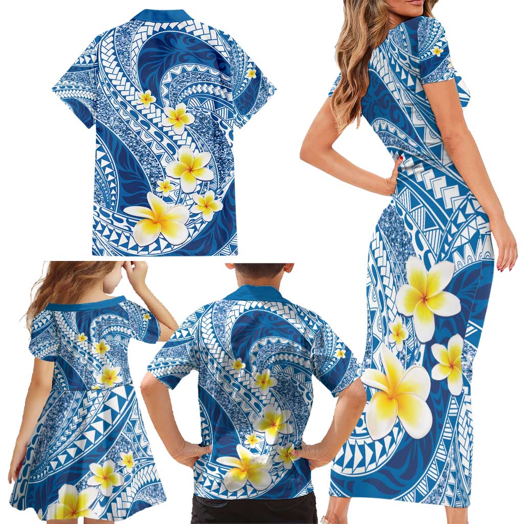 Plumeria Polynesian Blue Glitter Pattern Family Matching Short Sleeve Bodycon Dress and Hawaiian Shirt LT01 - Polynesian Pride