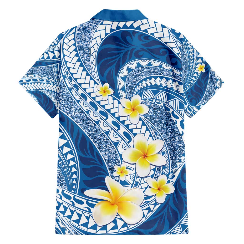 Plumeria Polynesian Blue Glitter Pattern Family Matching Short Sleeve Bodycon Dress and Hawaiian Shirt LT01 - Polynesian Pride