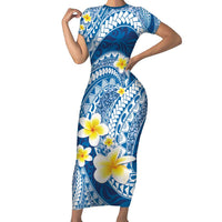 Plumeria Polynesian Blue Glitter Pattern Family Matching Short Sleeve Bodycon Dress and Hawaiian Shirt LT01 Mom's Dress Blue - Polynesian Pride
