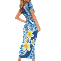 Plumeria Polynesian Blue Glitter Pattern Family Matching Short Sleeve Bodycon Dress and Hawaiian Shirt LT01 - Polynesian Pride