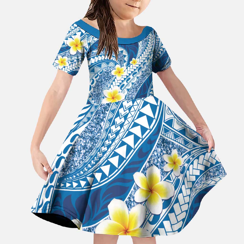 Plumeria Polynesian Blue Glitter Pattern Family Matching Tank Maxi Dress and Hawaiian Shirt LT01 Daughter's Dress Blue - Polynesian Pride