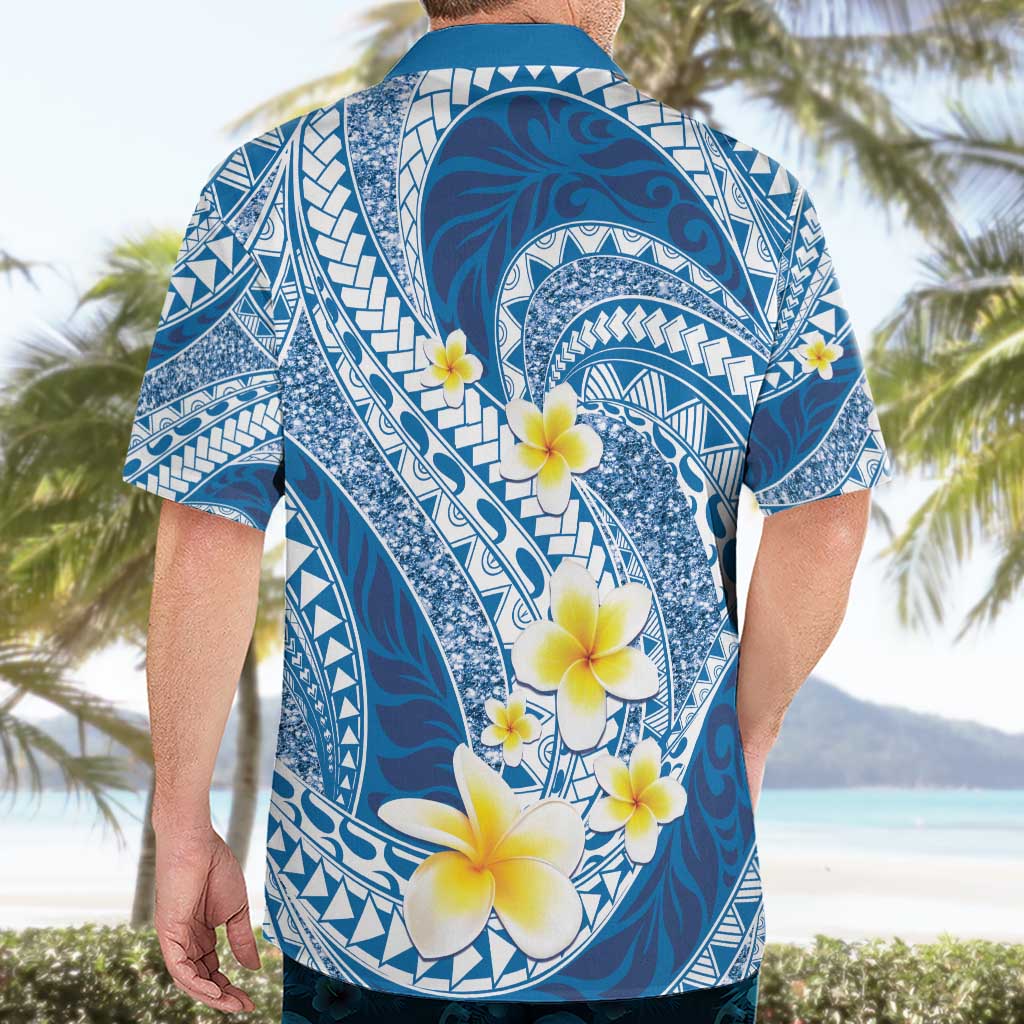 Plumeria Polynesian Blue Glitter Pattern Hawaiian Shirt