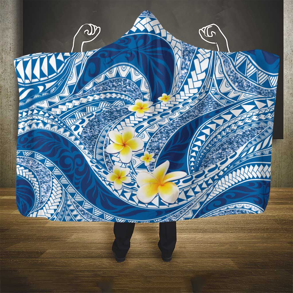 Plumeria Polynesian Blue Glitter Pattern Hooded Blanket
