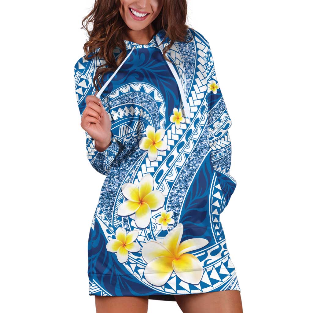 Plumeria Polynesian Blue Glitter Pattern Hoodie Dress