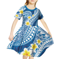 Plumeria Polynesian Blue Glitter Pattern Kid Short Sleeve Dress