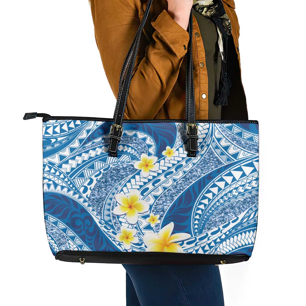 Plumeria Polynesian Blue Glitter Pattern Leather Tote Bag LT01 - Polynesian Pride
