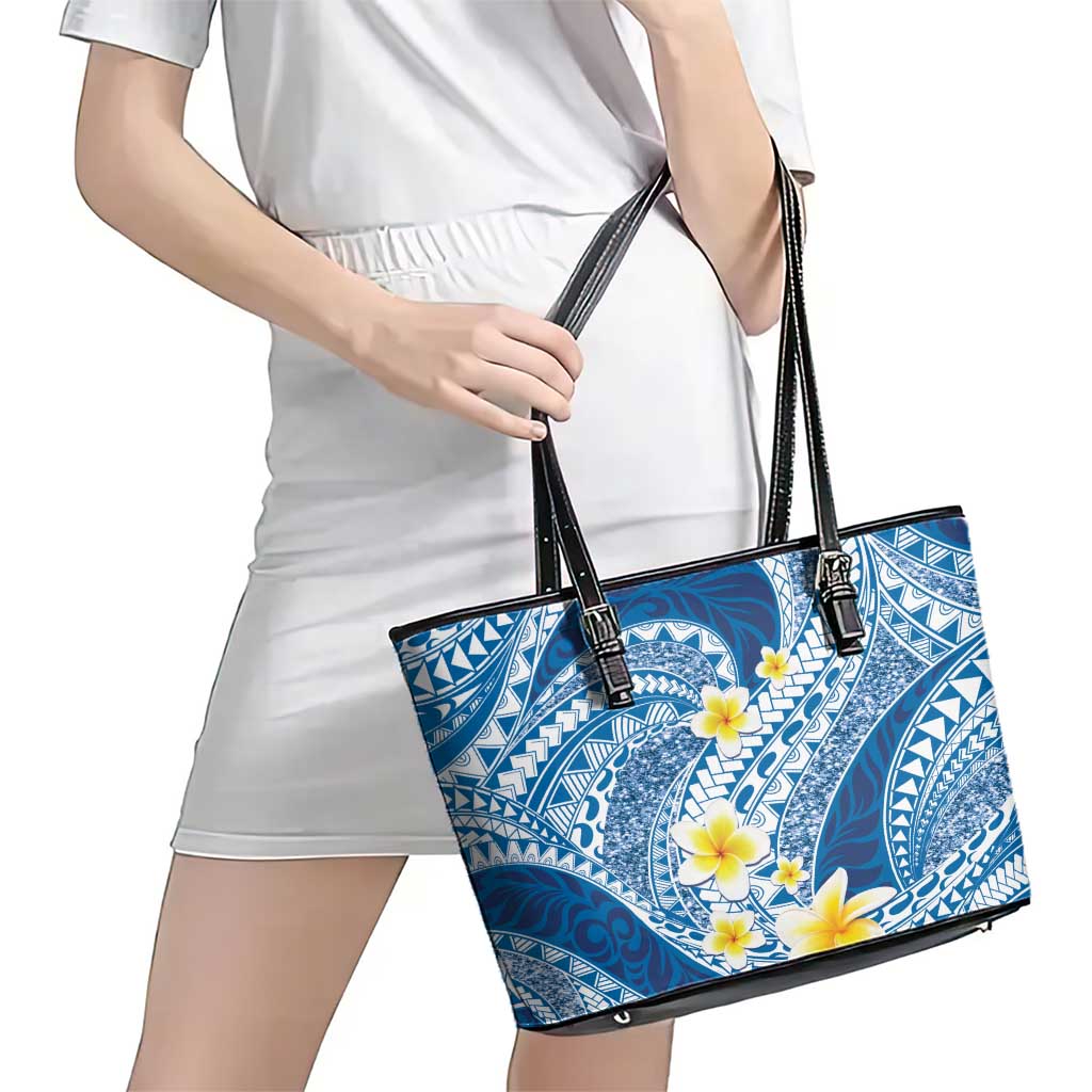 Plumeria Polynesian Blue Glitter Pattern Leather Tote Bag LT01 - Polynesian Pride