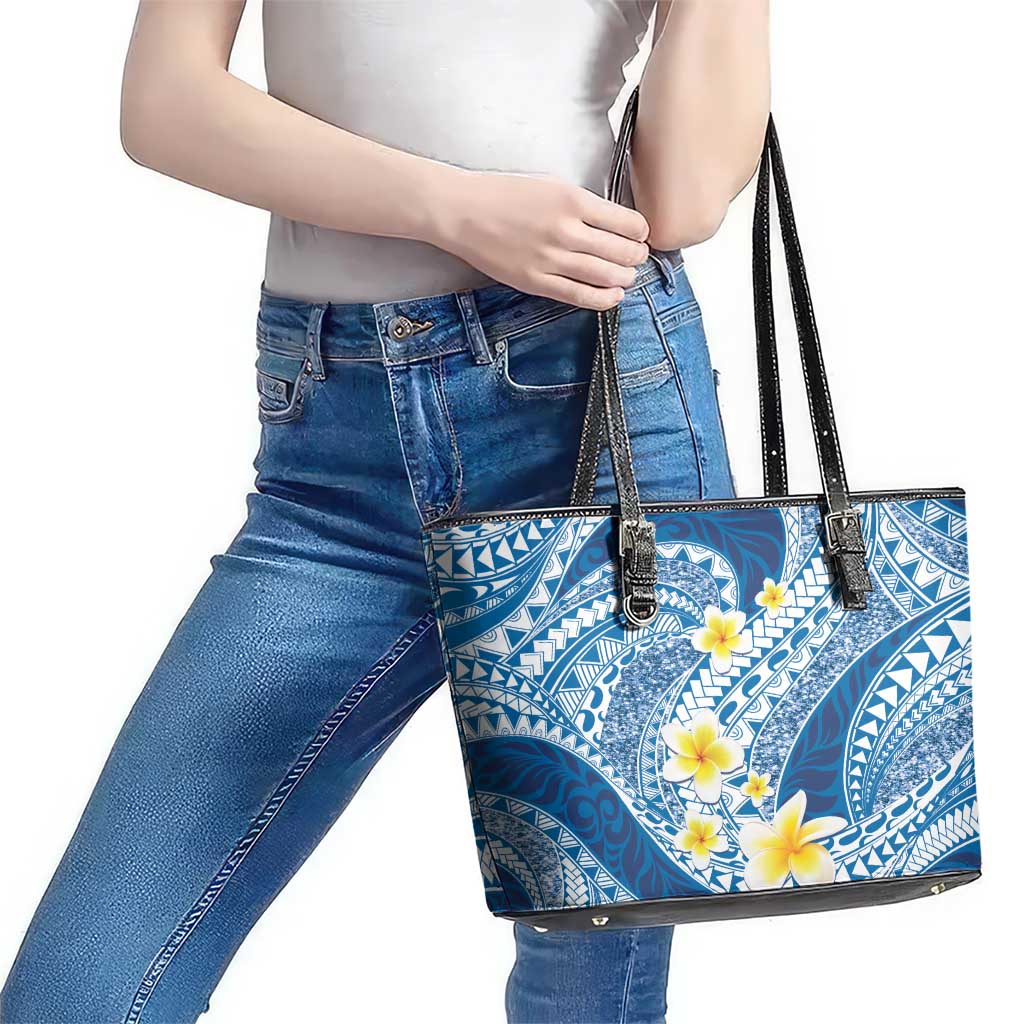 Plumeria Polynesian Blue Glitter Pattern Leather Tote Bag LT01 - Polynesian Pride