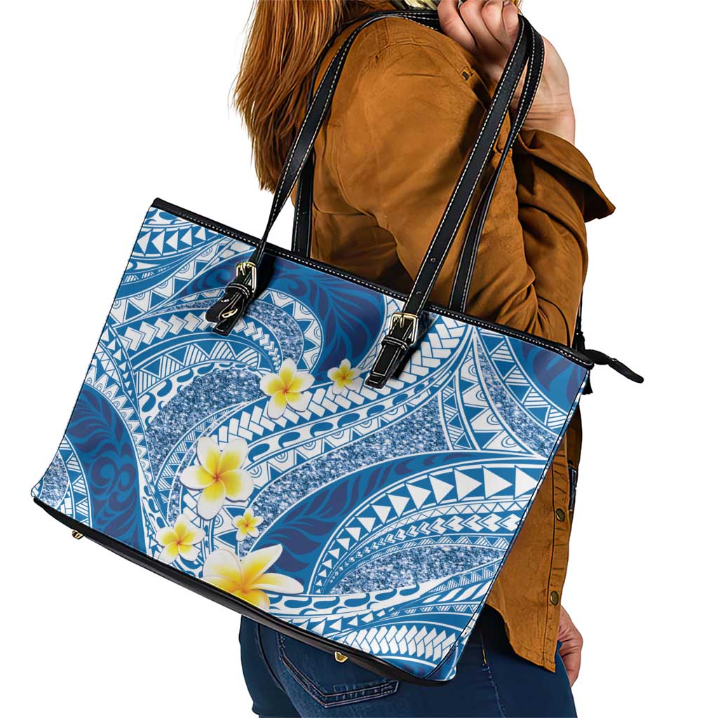 Plumeria Polynesian Blue Glitter Pattern Leather Tote Bag LT01 - Polynesian Pride