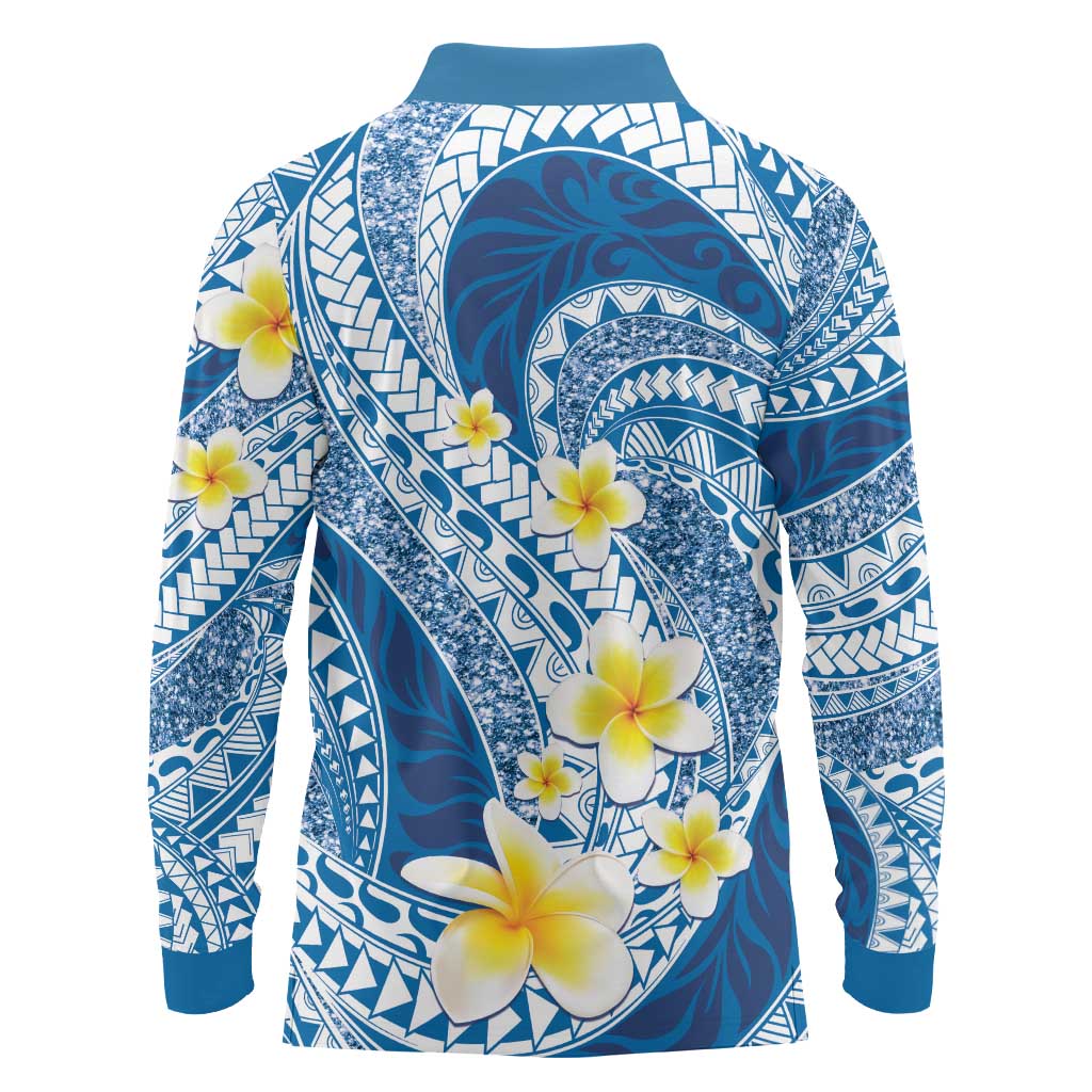 Plumeria Polynesian Blue Glitter Pattern Long Sleeve Polo Shirt LT01 - Polynesian Pride