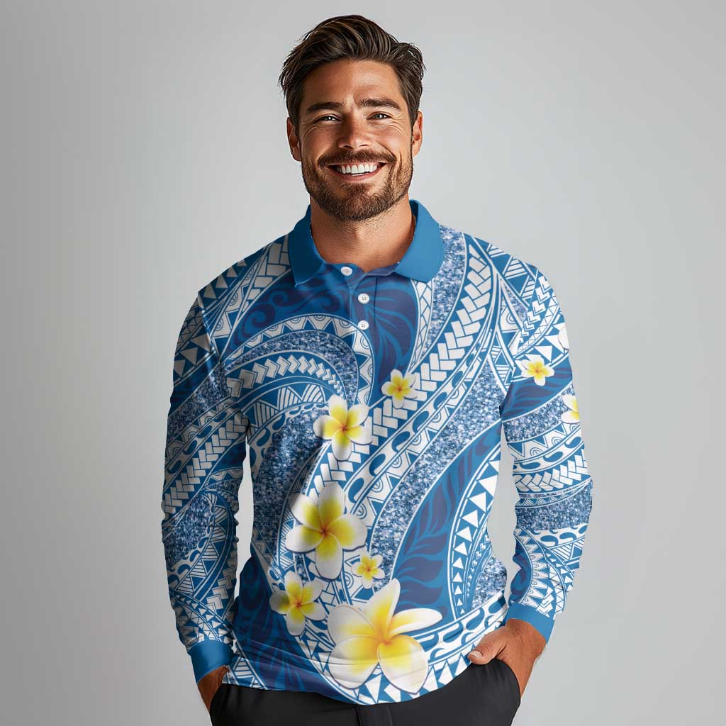 Plumeria Polynesian Blue Glitter Pattern Long Sleeve Polo Shirt LT01 - Polynesian Pride