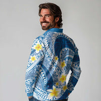 Plumeria Polynesian Blue Glitter Pattern Long Sleeve Polo Shirt LT01 - Polynesian Pride