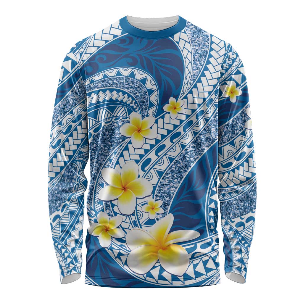 Plumeria Polynesian Blue Glitter Pattern Long Sleeve Shirt LT01 Unisex Blue - Polynesian Pride