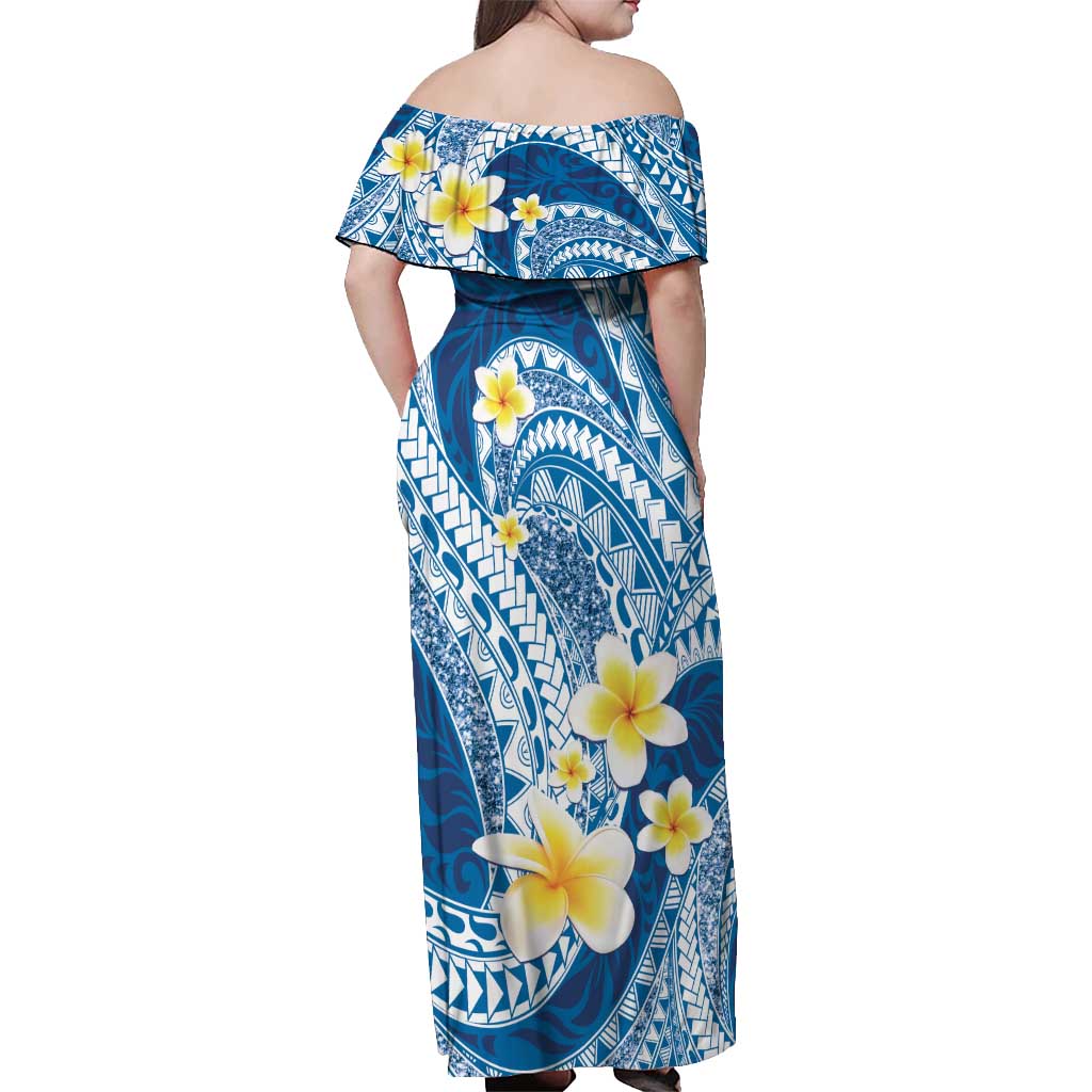 Plumeria Polynesian Blue Glitter Pattern Off Shoulder Maxi Dress