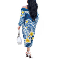 Plumeria Polynesian Blue Glitter Pattern Off The Shoulder Long Sleeve Dress
