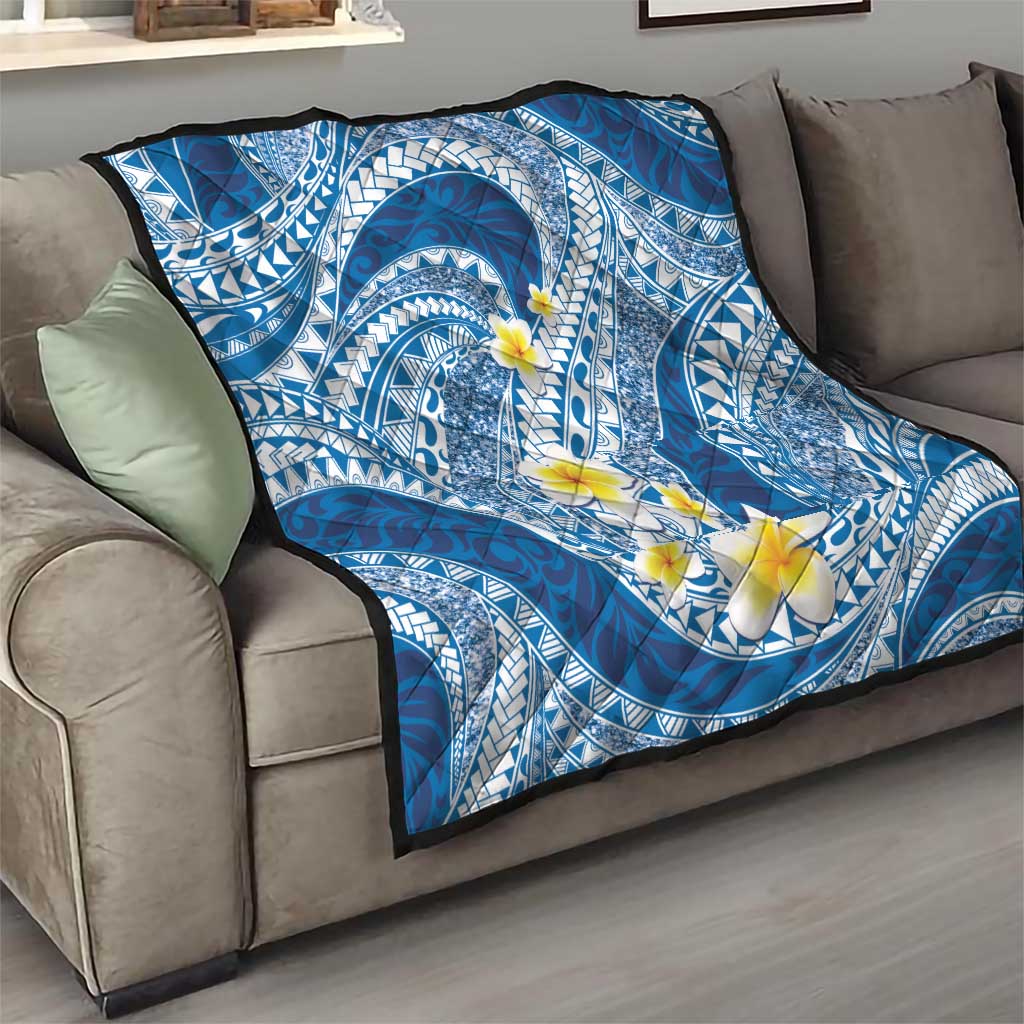 Plumeria Polynesian Blue Glitter Pattern Quilt