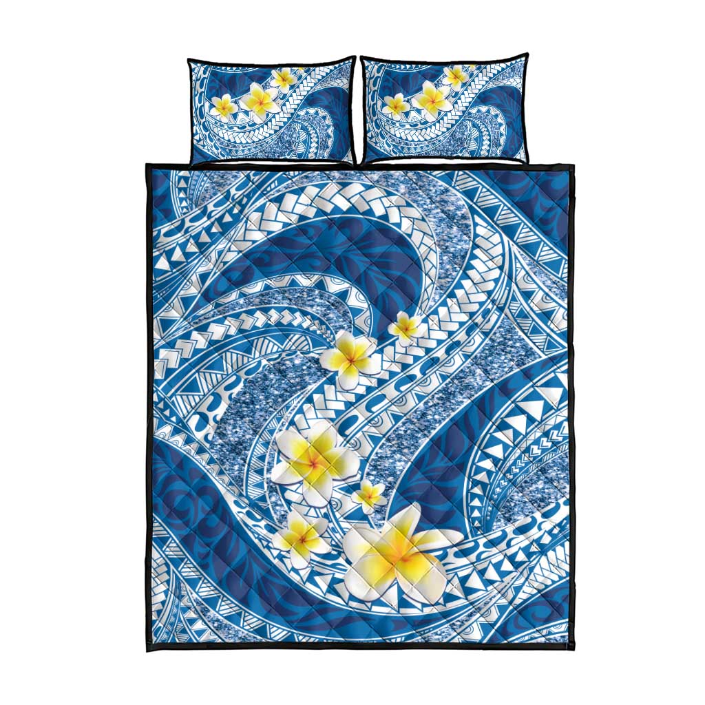 Plumeria Polynesian Blue Glitter Pattern Quilt Bed Set