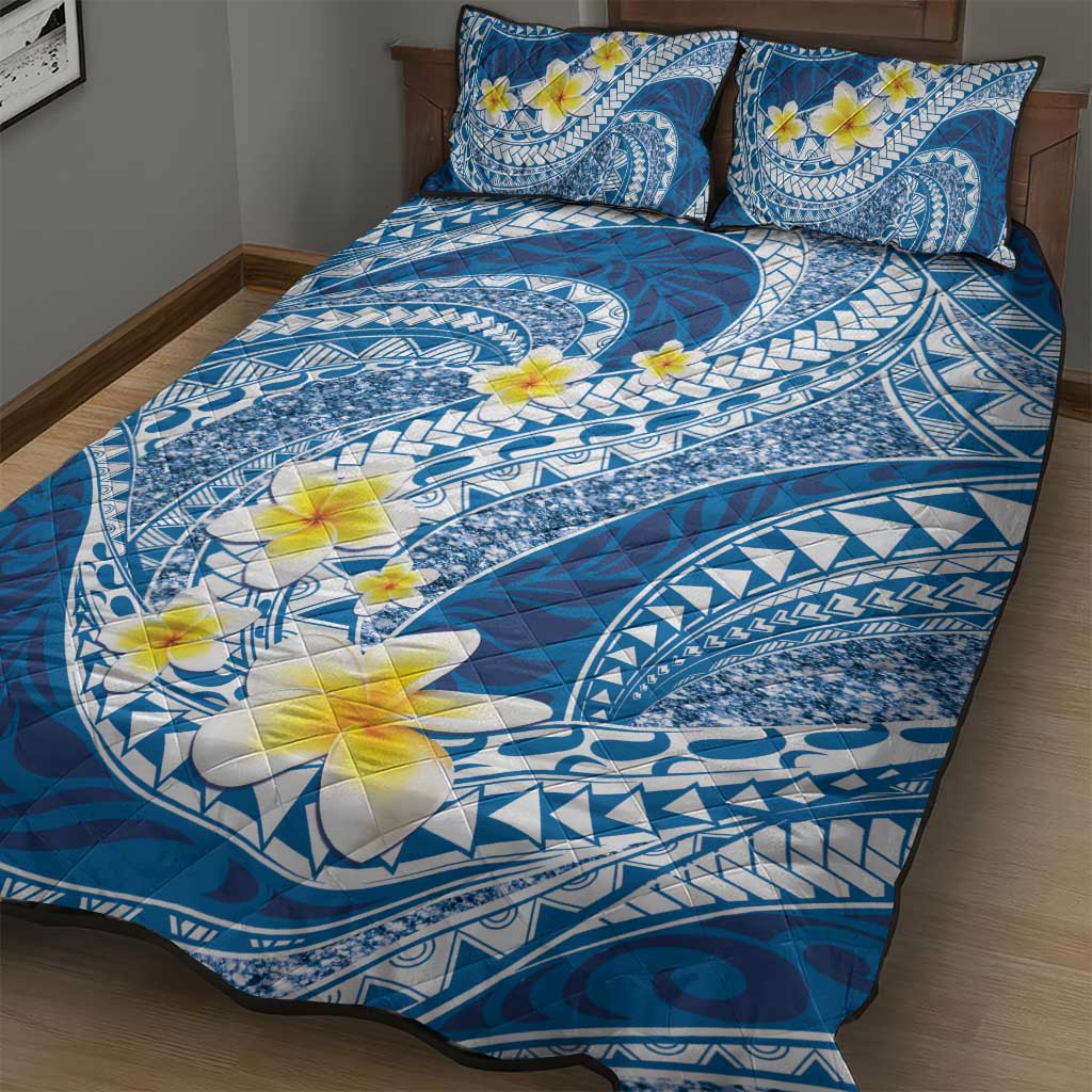 Plumeria Polynesian Blue Glitter Pattern Quilt Bed Set