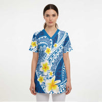 Plumeria Polynesian Blue Glitter Pattern Scrub Top - Polynesian Pride