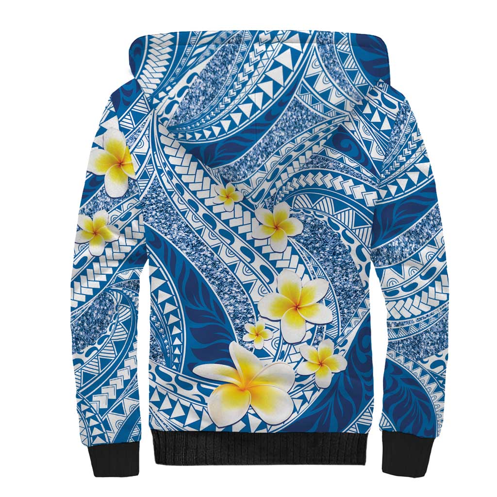 Plumeria Polynesian Blue Glitter Pattern Sherpa Hoodie