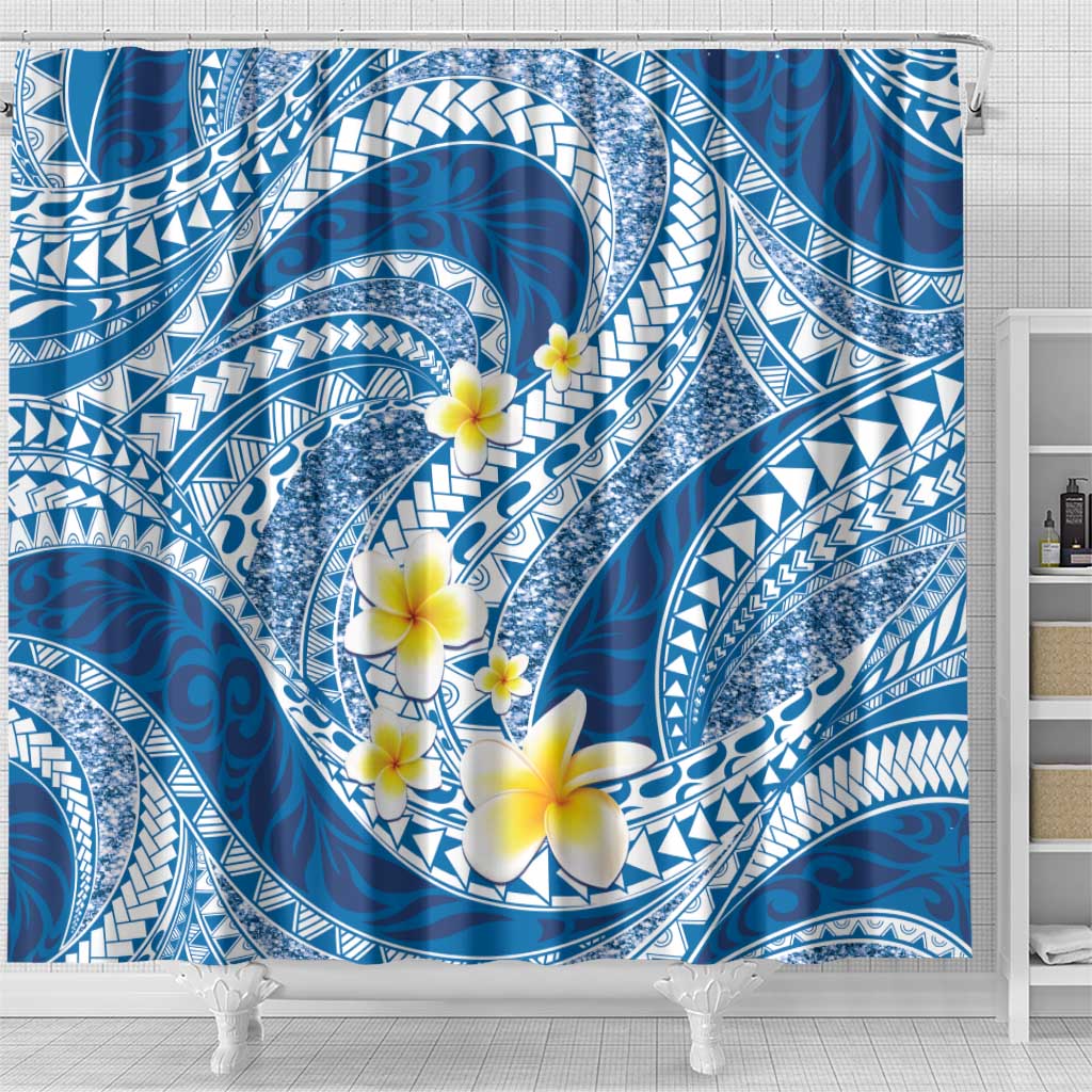 Plumeria Polynesian Blue Glitter Pattern Shower Curtain