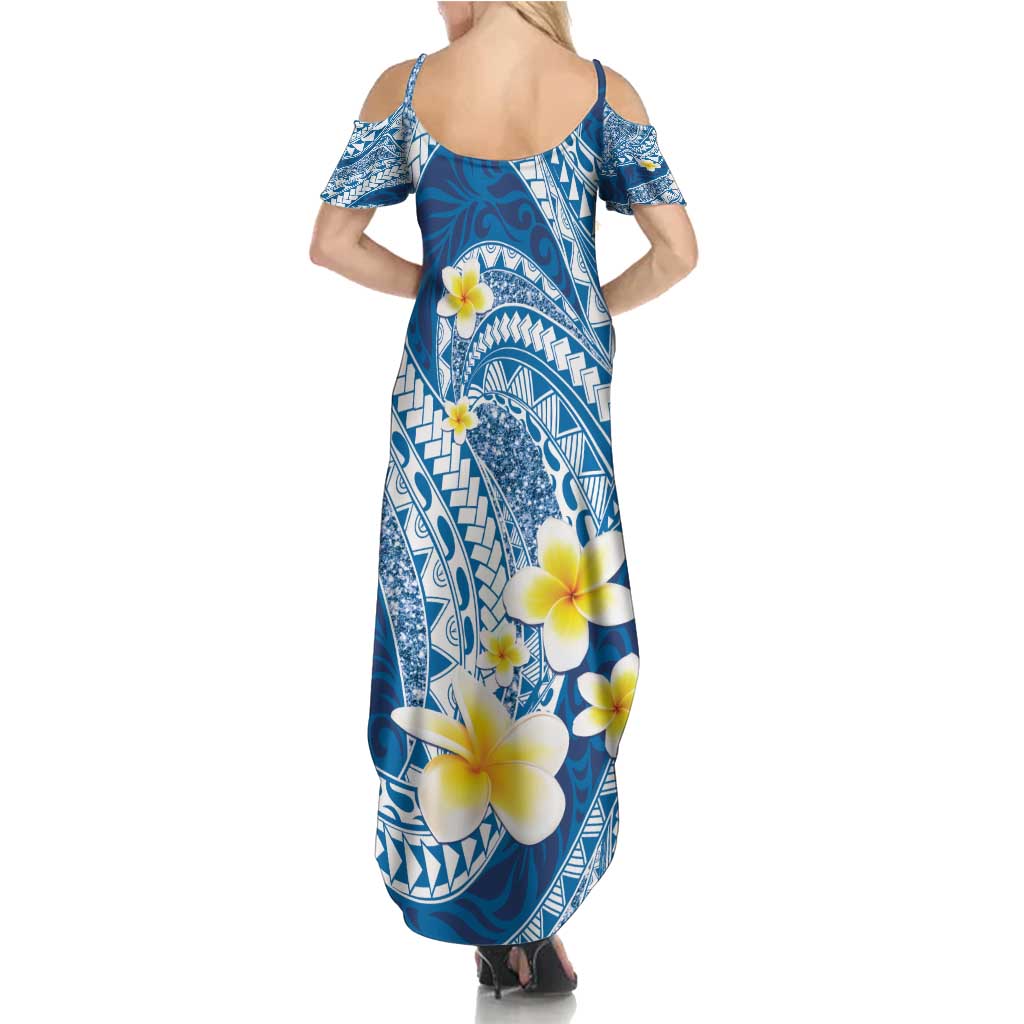 Plumeria Polynesian Blue Glitter Pattern Summer Maxi Dress