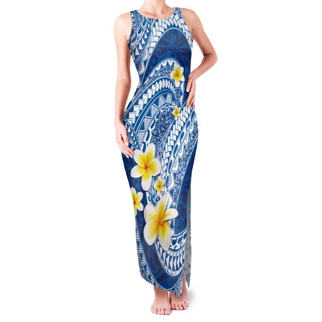 Plumeria Polynesian Blue Glitter Pattern Tank Maxi Dress