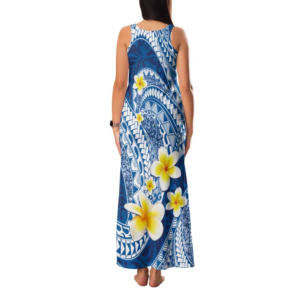 Plumeria Polynesian Blue Glitter Pattern Tank Maxi Dress