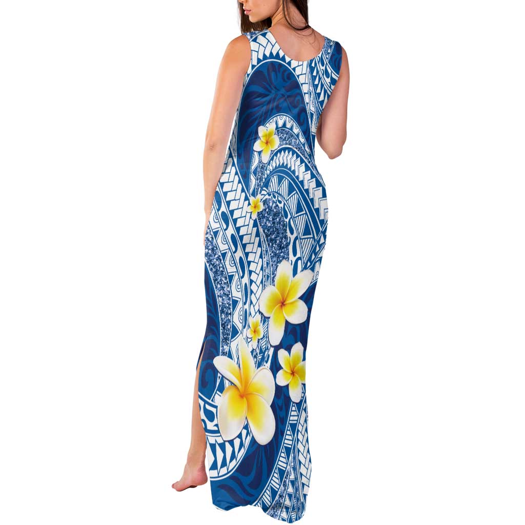 Plumeria Polynesian Blue Glitter Pattern Tank Maxi Dress