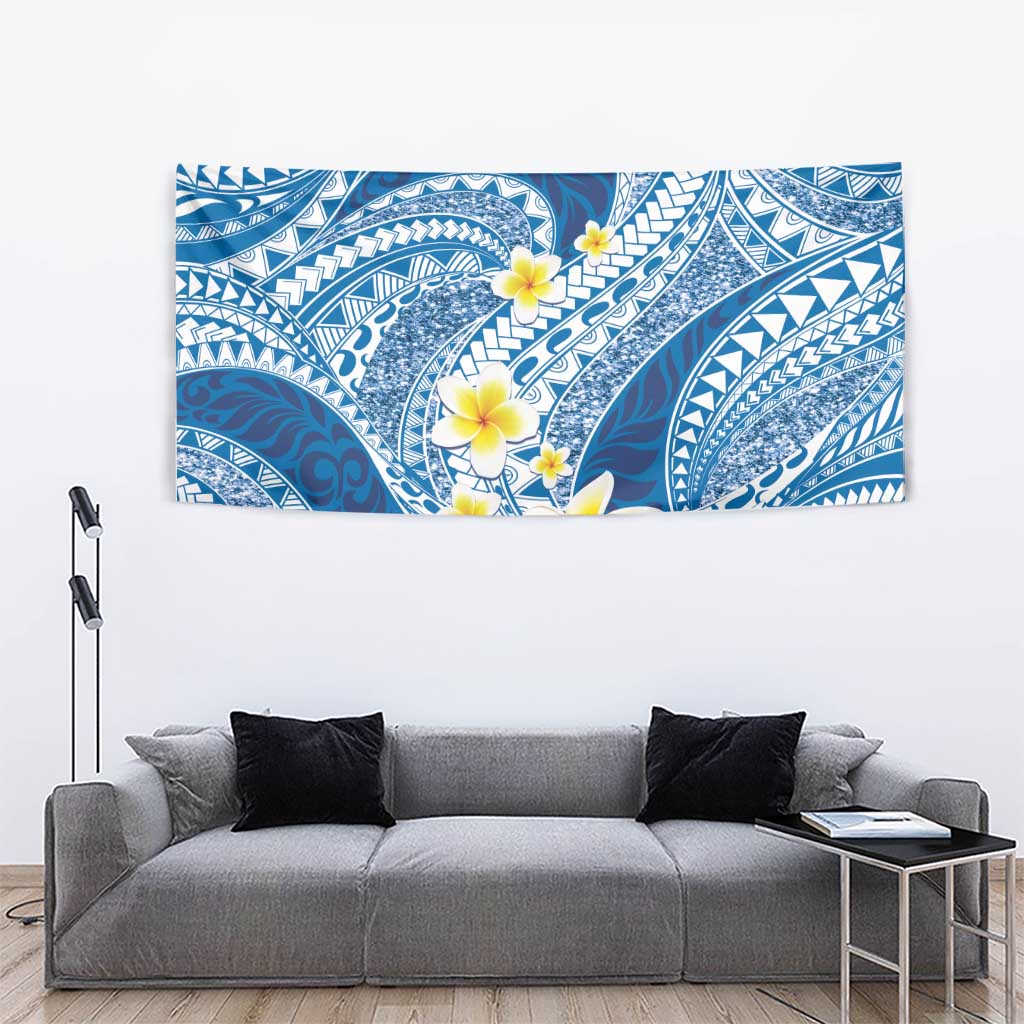 Plumeria Polynesian Blue Glitter Pattern Tapestry