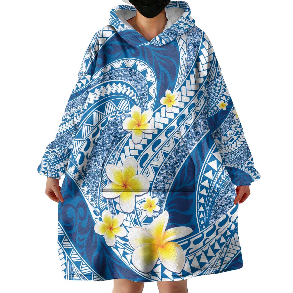 Plumeria Polynesian Blue Glitter Pattern Wearable Blanket Hoodie