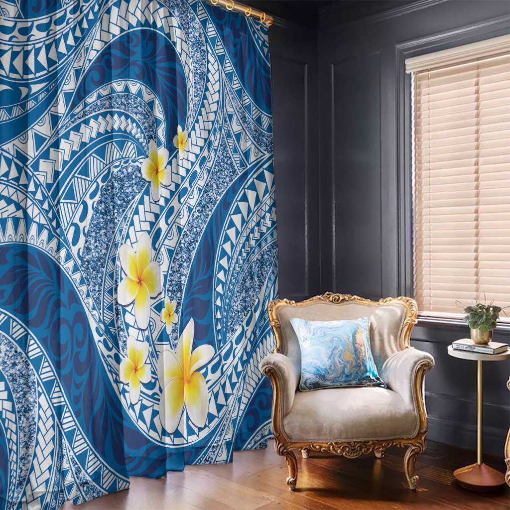 Plumeria Polynesian Blue Glitter Pattern Window Curtain
