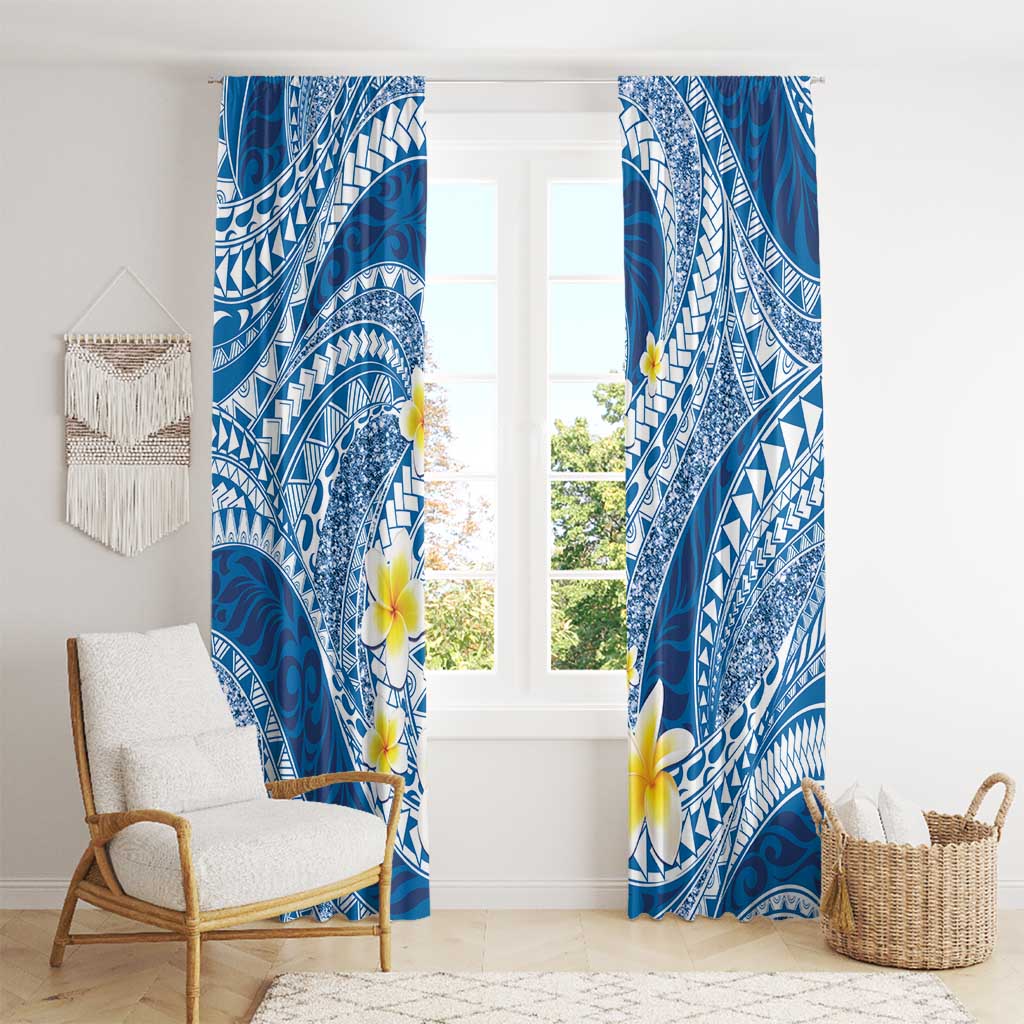 Plumeria Polynesian Blue Glitter Pattern Window Curtain