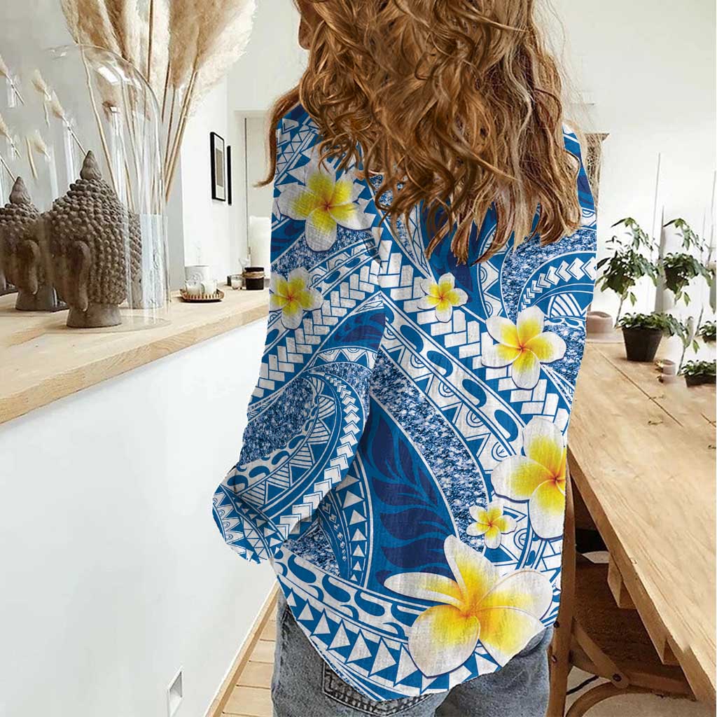 Plumeria Polynesian Blue Glitter Pattern Women Casual Shirt LT01 - Polynesian Pride