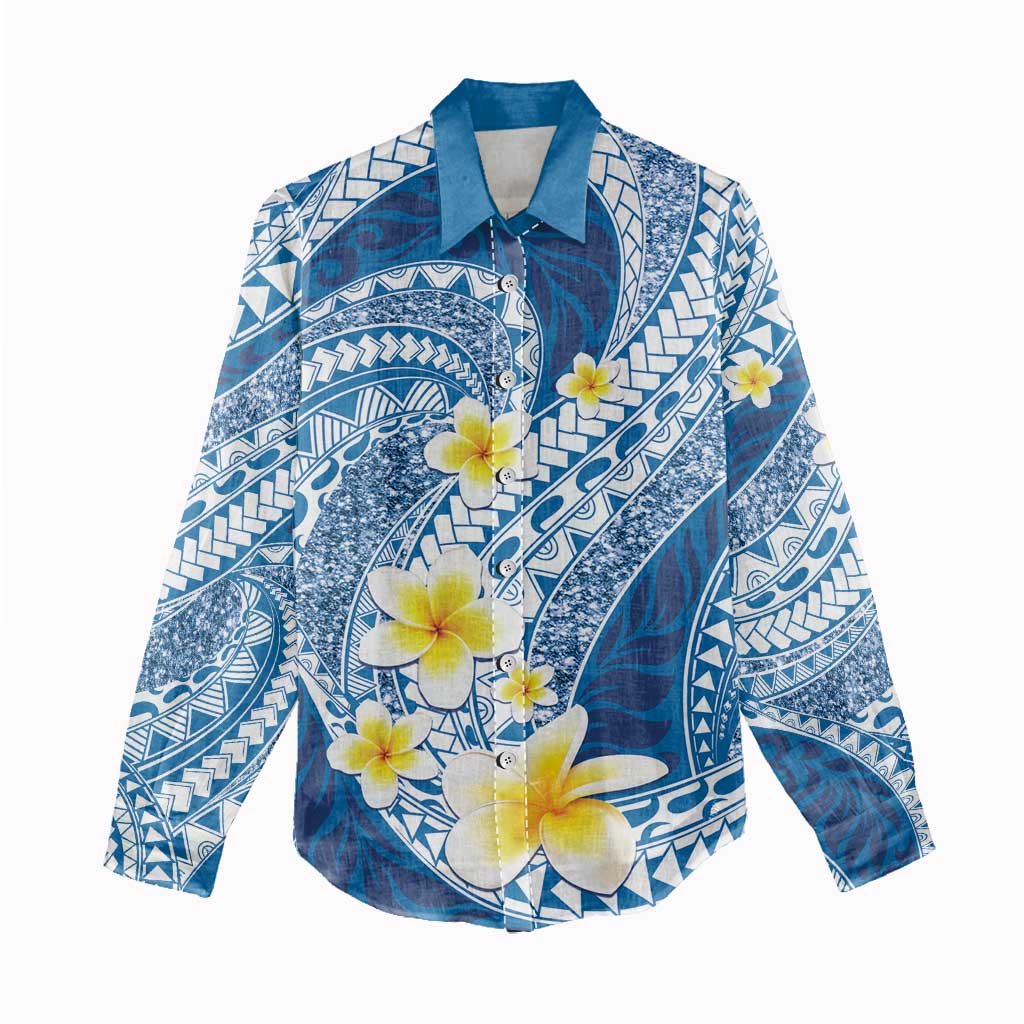 Plumeria Polynesian Blue Glitter Pattern Women Casual Shirt LT01 - Polynesian Pride