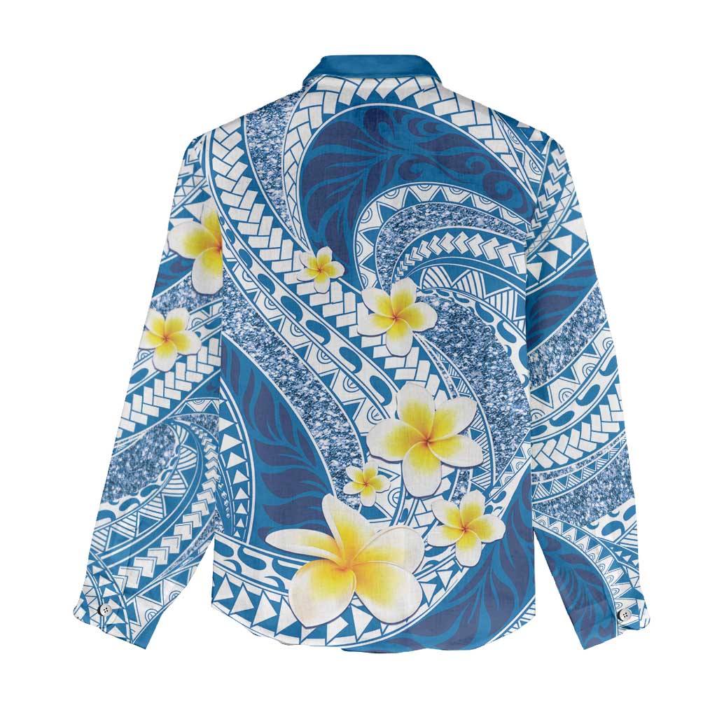 Plumeria Polynesian Blue Glitter Pattern Women Casual Shirt LT01 - Polynesian Pride