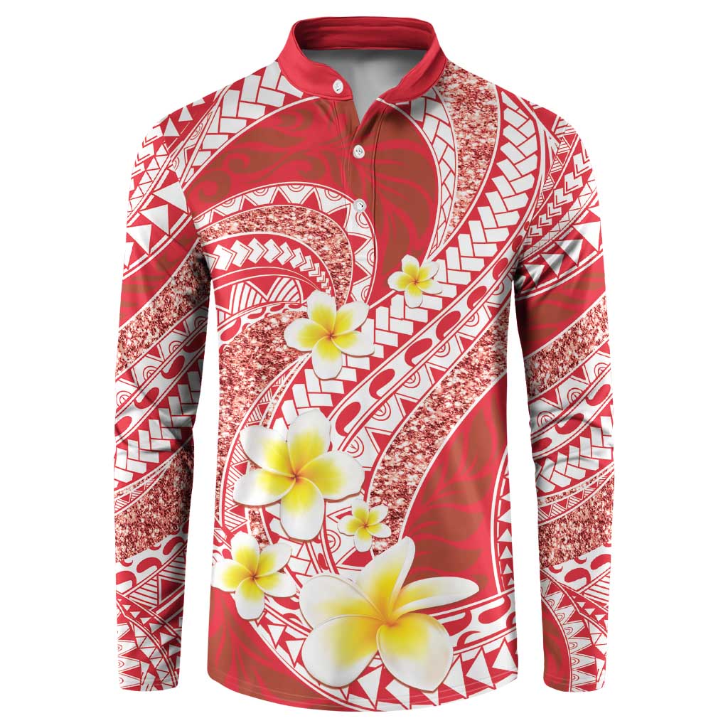 Plumeria Polynesian Coral Glitter Pattern Button Sweatshirt